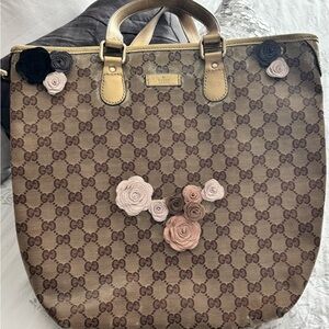 Gucci Brown Monogram Tote with Pink Floral Appliqués